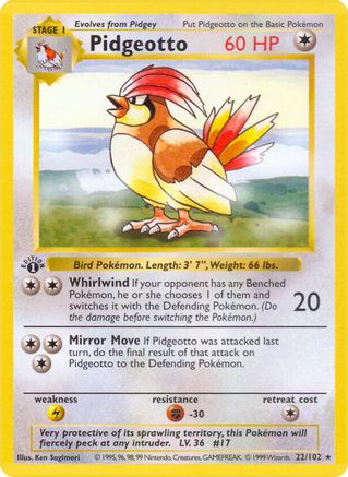 Base Set Shadowless 022/102 Pidgeotto - Unlimited - Rare