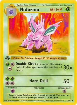 Base Set Shadowless 037/102 Nidorino - Unlimited - Uncommon