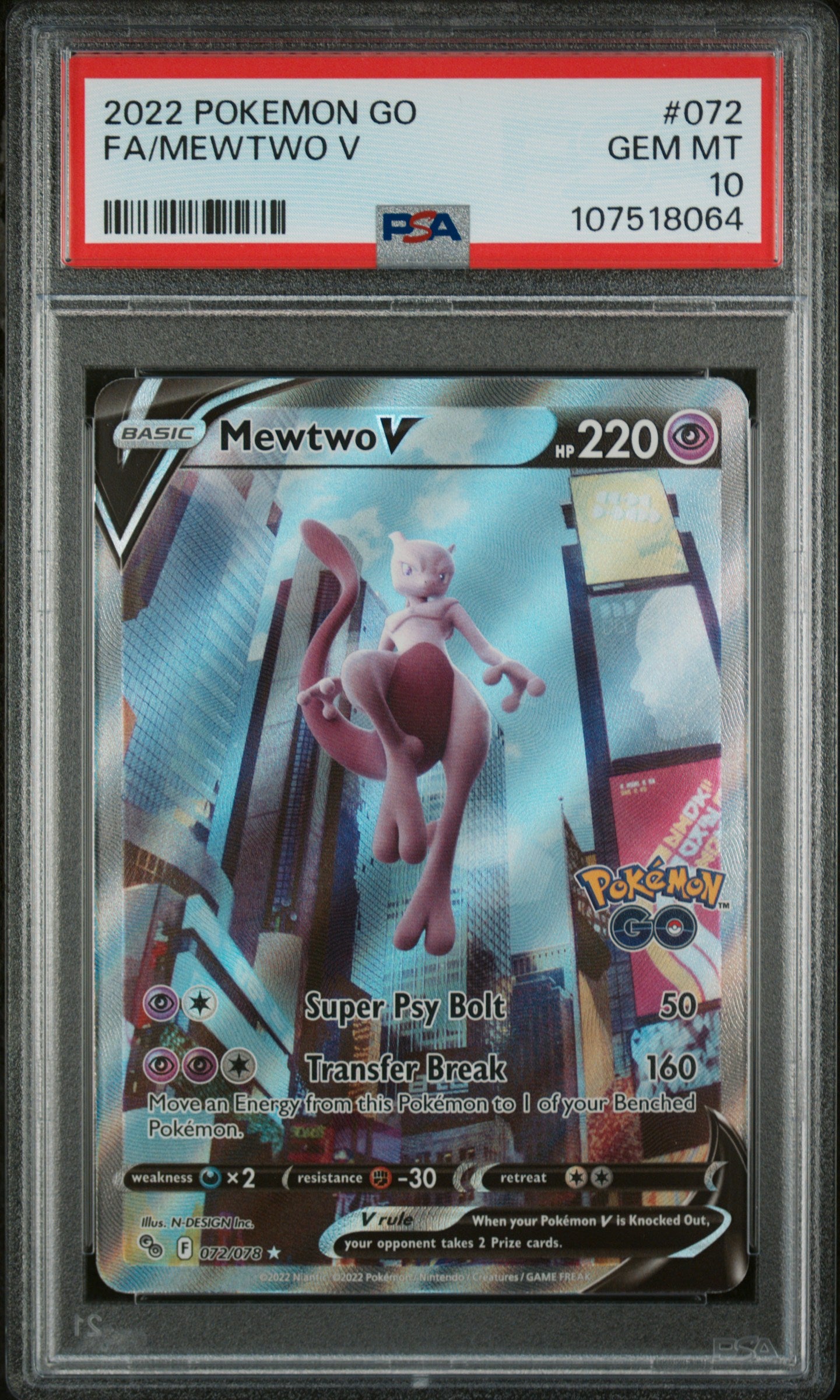 Pokemon GO 072/078 PSA10 #107518064 Mewtwo V (Alternate Full Art) - Holofoil - Ultra Rare
