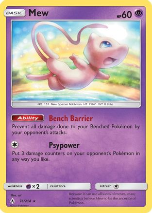 SM Unbroken Bonds 076/214 Mew - Reverse Holofoil - Holo Rare