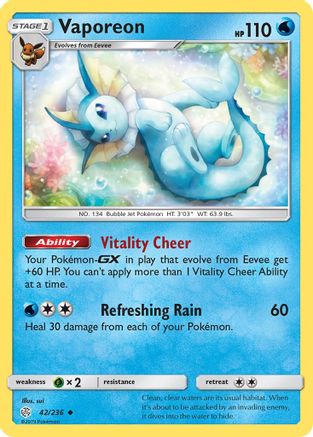 SM Cosmic Eclipse 042/236 Vaporeon - Reverse Holofoil - Uncommon