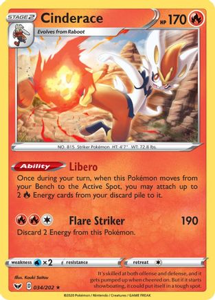 SWSH01 Sword & Shield Base Set 034/202 Cinderace (034) - Reverse Holofoil - Holo Rare