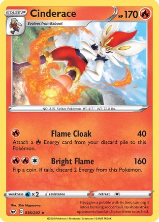 SWSH01 Sword & Shield Base Set 036/202 Cinderace (036) - Reverse Holofoil - Rare
