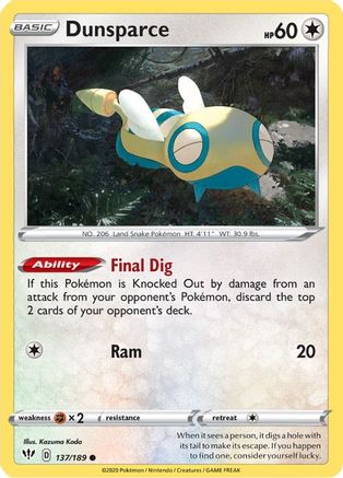 SWSH03 Darkness Ablaze 137/189 Dunsparce - Reverse Holofoil - Common
