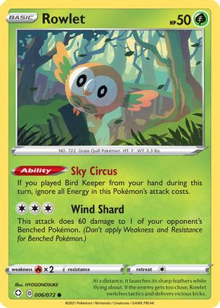 Shining Fates 006/072 Rowlet - Reverse Holofoil - Common
