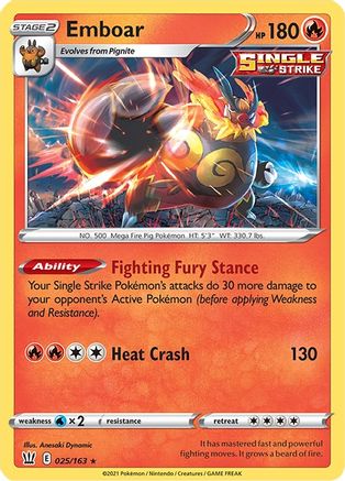 SWSH05 Battle Styles 025/163 Emboar - Reverse Holofoil - Holo Rare