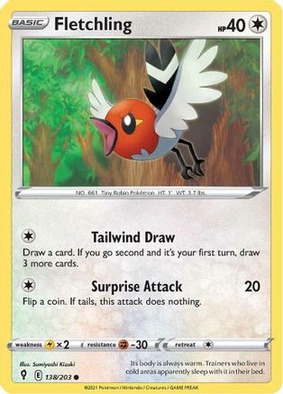 SWSH07 Evolving Skies 138/203 Fletchling - Reverse Holofoil - Common