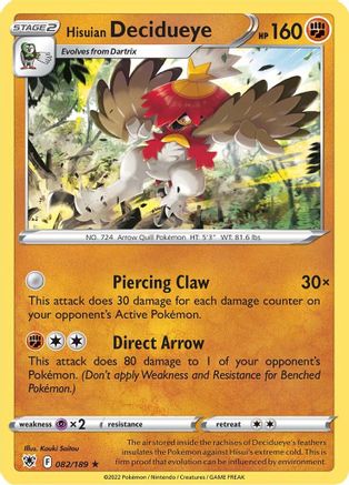 SWSH10 Astral Radiance 082/189 Hisuian Decidueye - Reverse Holofoil - Holo Rare