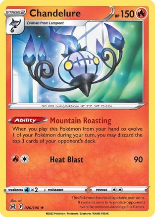 SWSH11 Lost Origin 026/196 Chandelure - Reverse Holofoil - Holo Rare