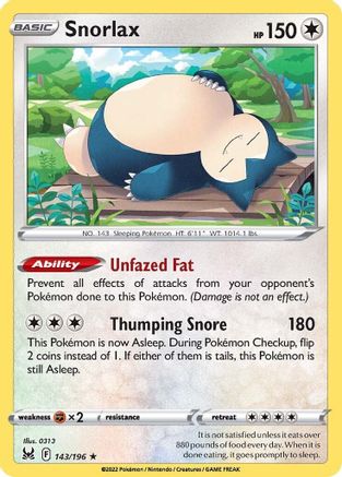 SWSH11 Lost Origin 143/196 Snorlax - Holofoil - Holo Rare