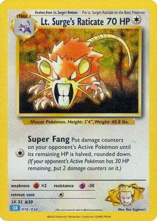 Trading Card Game Classic 016/034 Lt. Surge's Raticate - Holofoil - Classic Collection