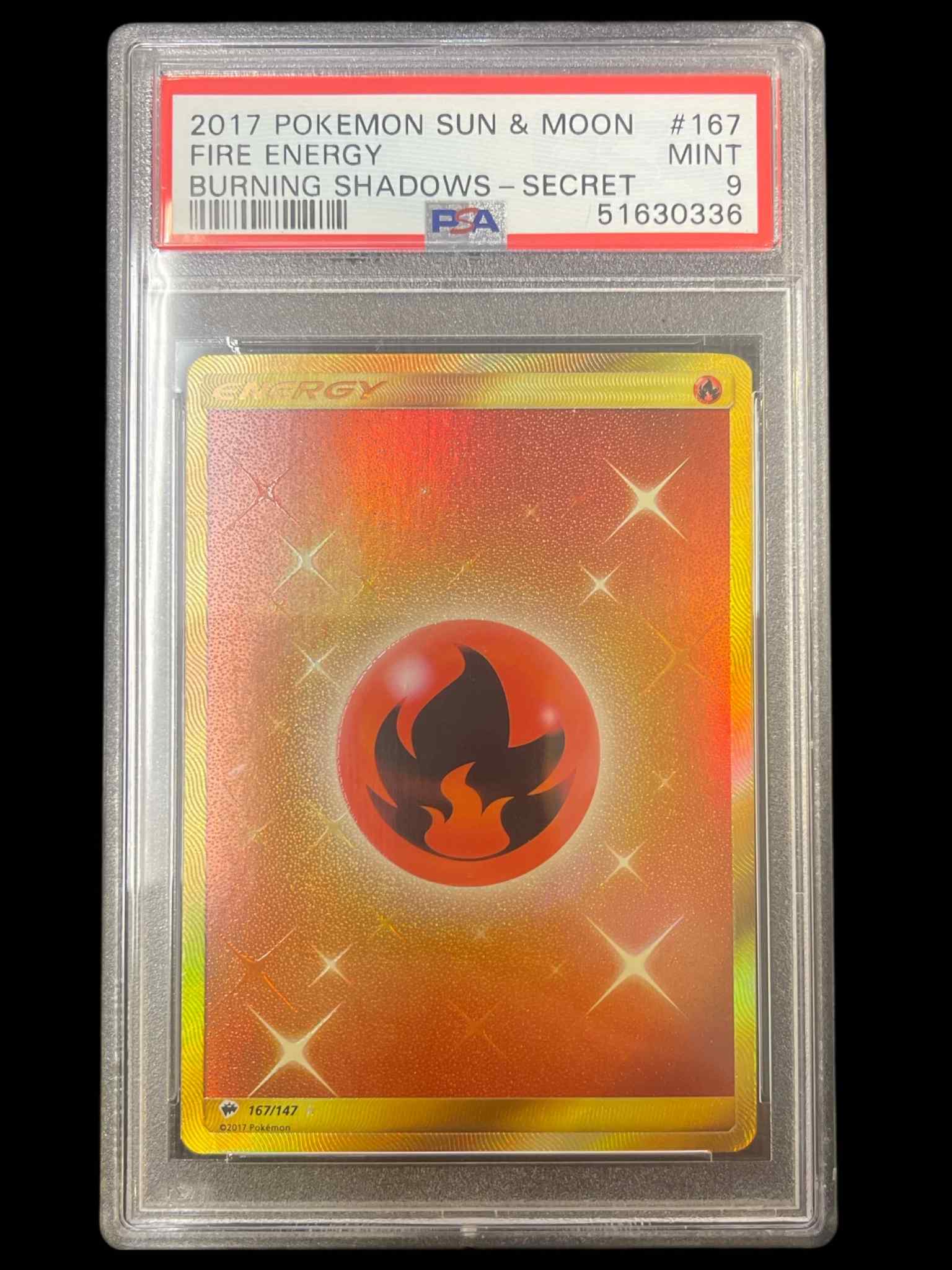 SM Burning Shadows 167/147 PSA9 #51630336 Fire Energy (Secret) - Holofoil - Secret Rare