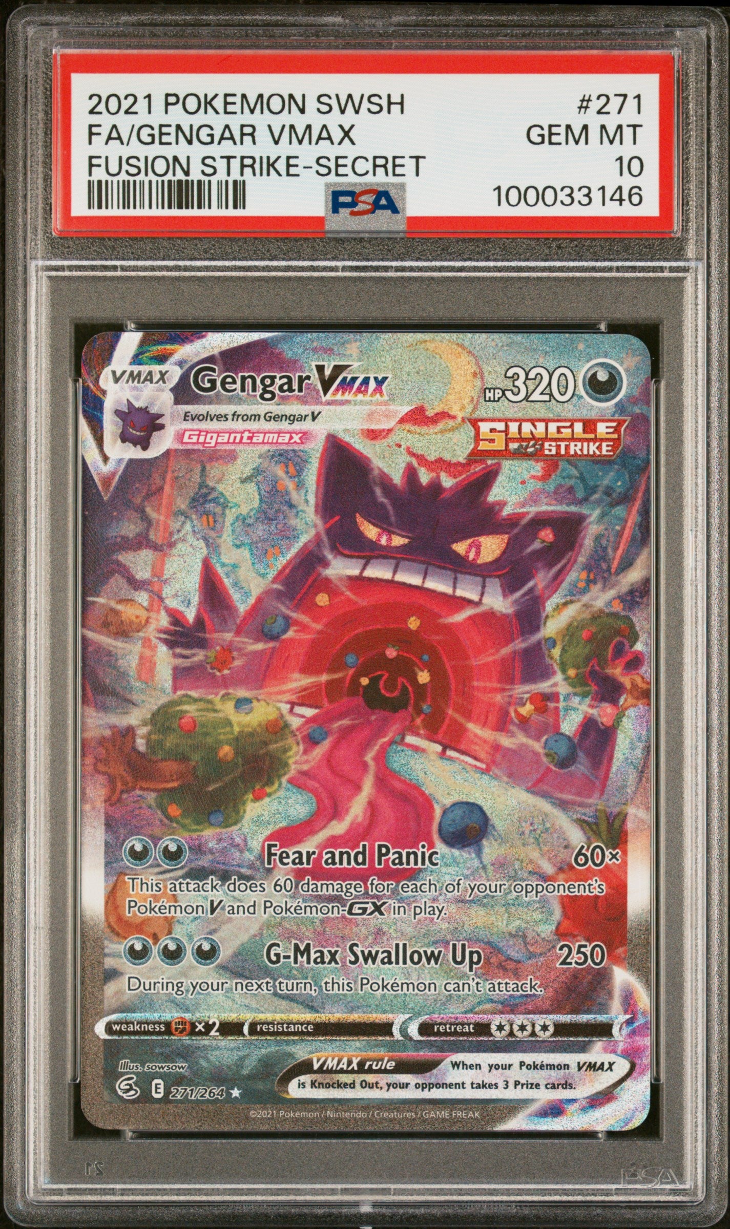 SWSH08 Fusion Strike 157/264 PSA 10 #100033146 Gengar VMAX - Holofoil - Ultra Rare