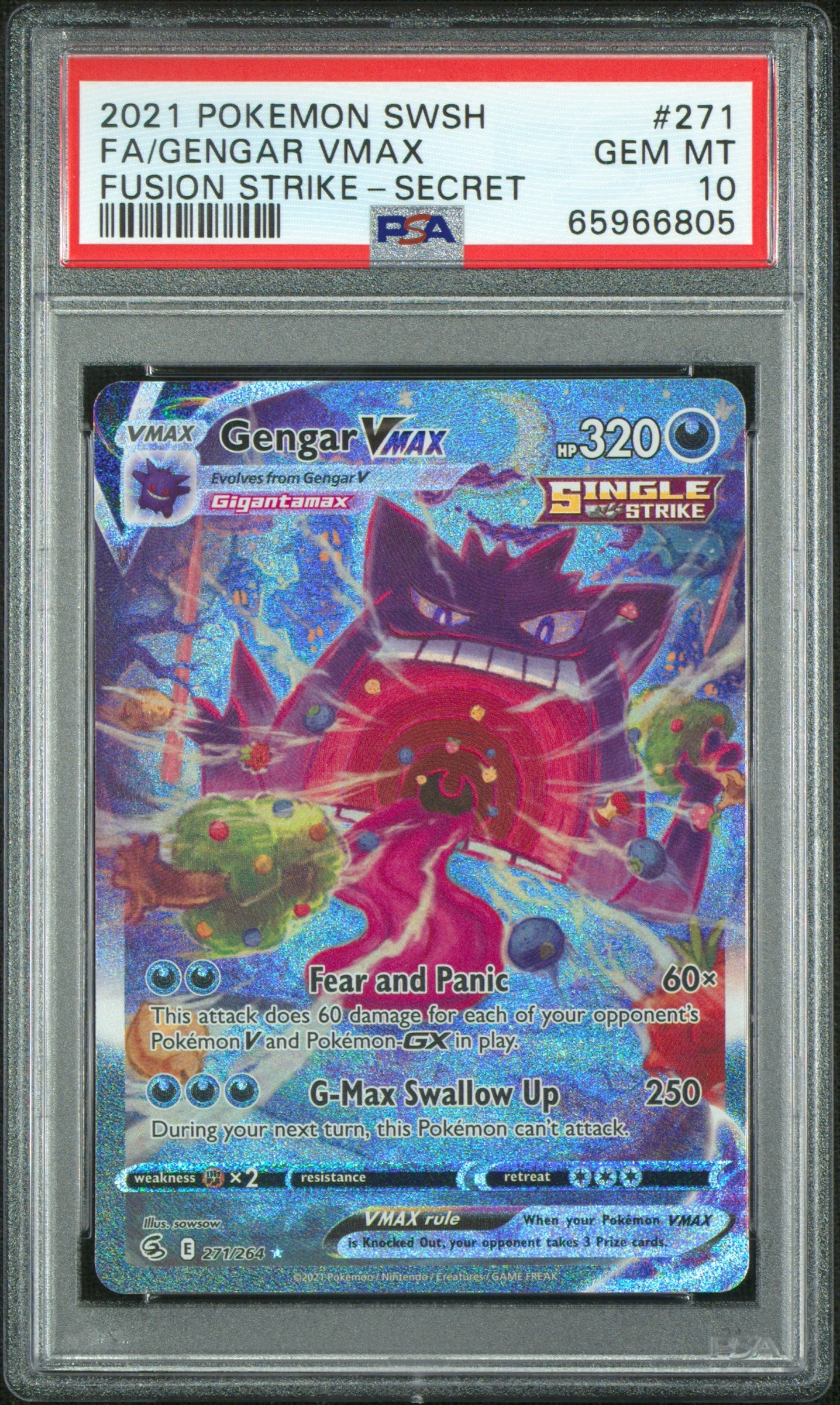 SWSH08 Fusion Strike 271/264 PSA10 #65966805 Gengar VMAX (Alternate Art Secret) - Holofoil - Secret Rare