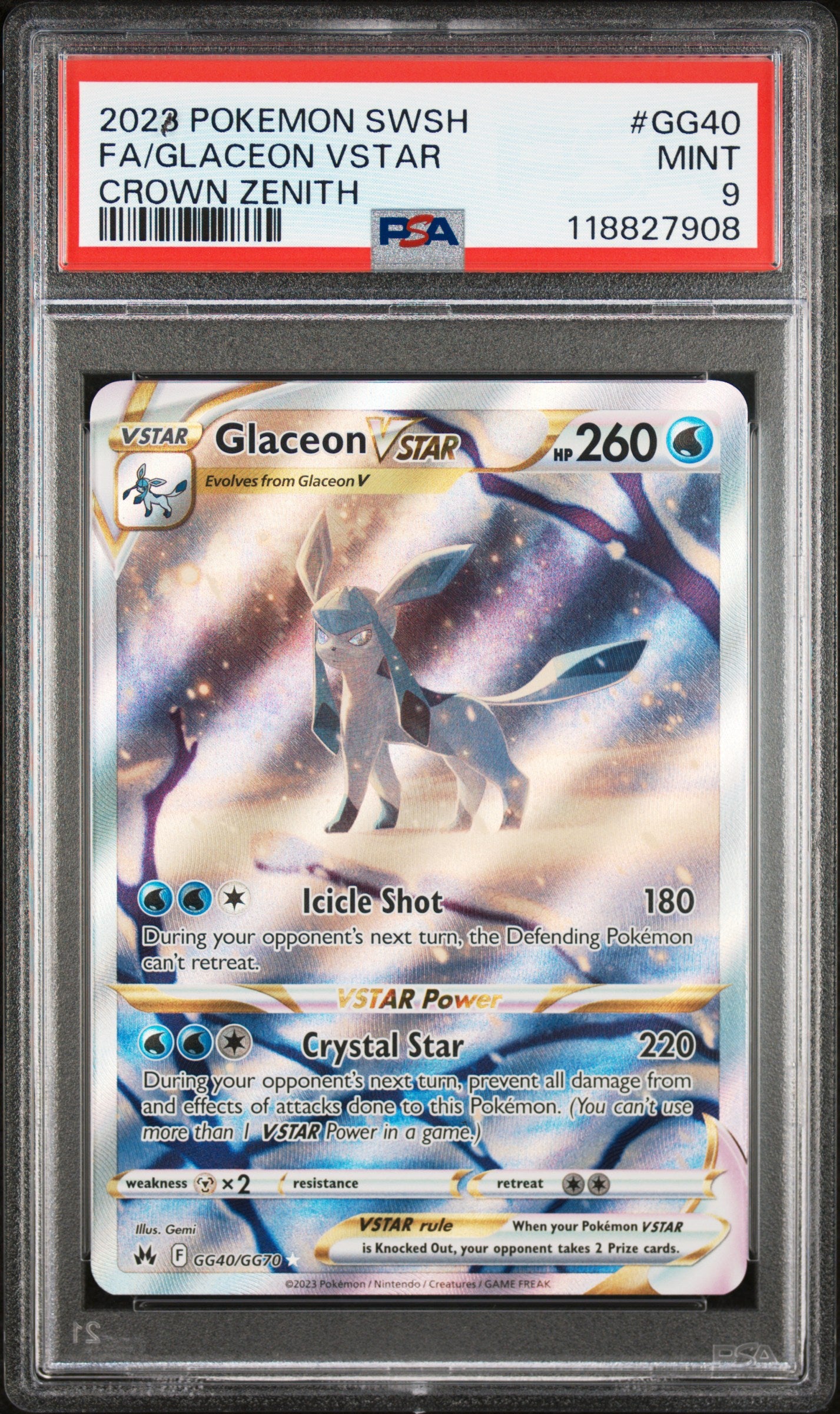 Crown Zenith Galarian Gallery GG40/GG70 PSA9 #118827908 Glaceon VSTAR - Holofoil - Ultra Rare