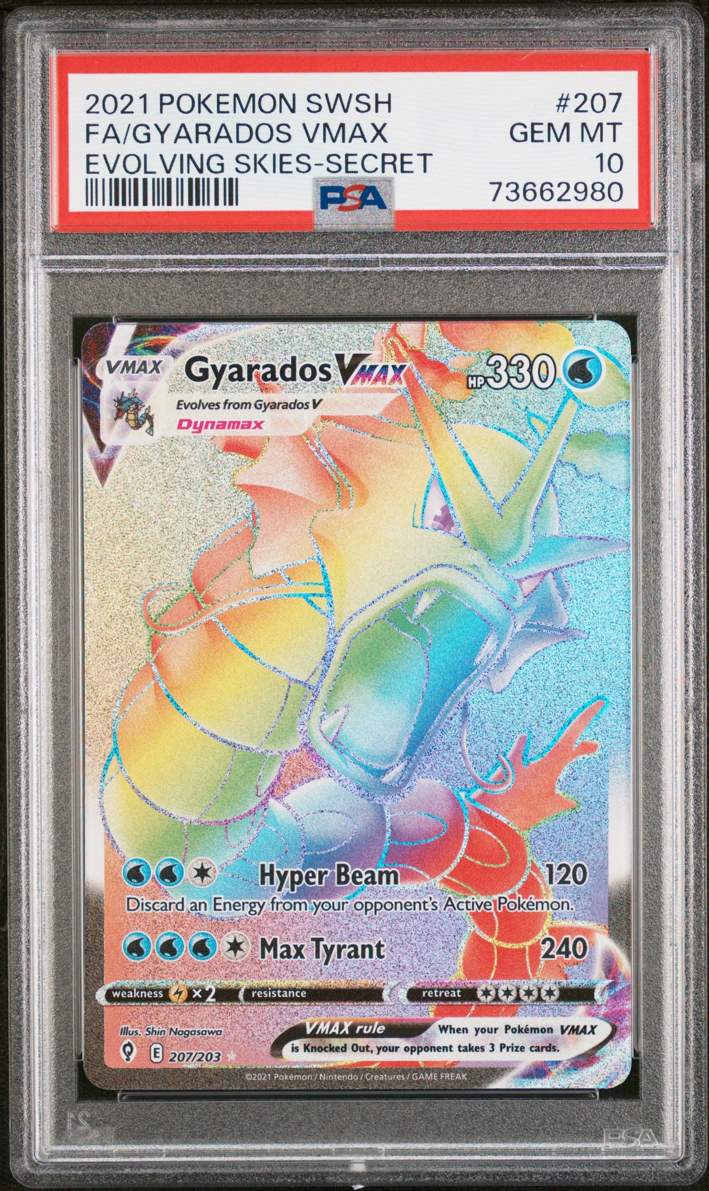 SWSH07 Evolving Skies 207/203 PSA 10 #73662980 Gyarados VMAX (Secret) - Holofoil - Secret Rare