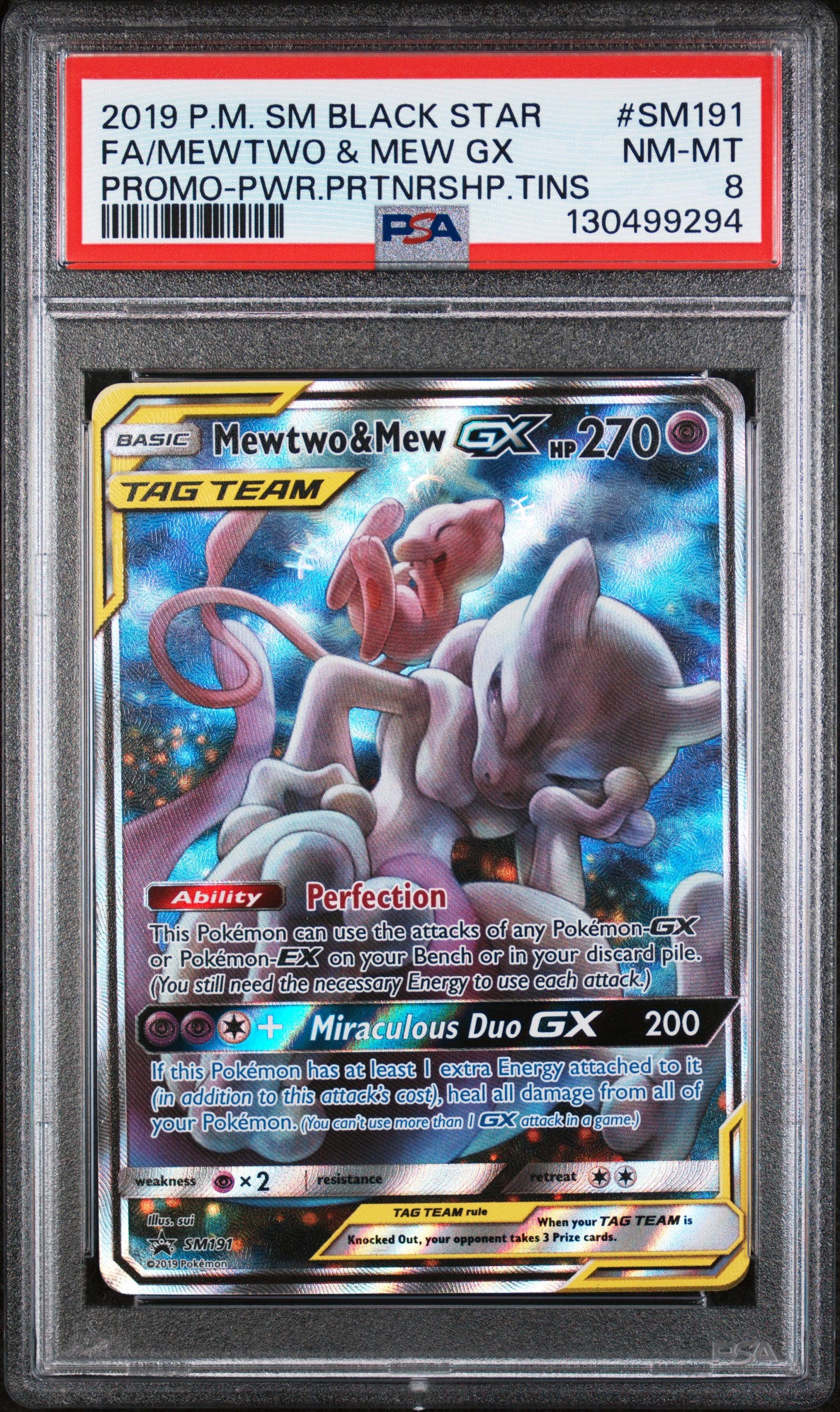 SM Promos SM191 PSA8 #130499294 Mewtwo & Mew GX - Holofoil - Promo