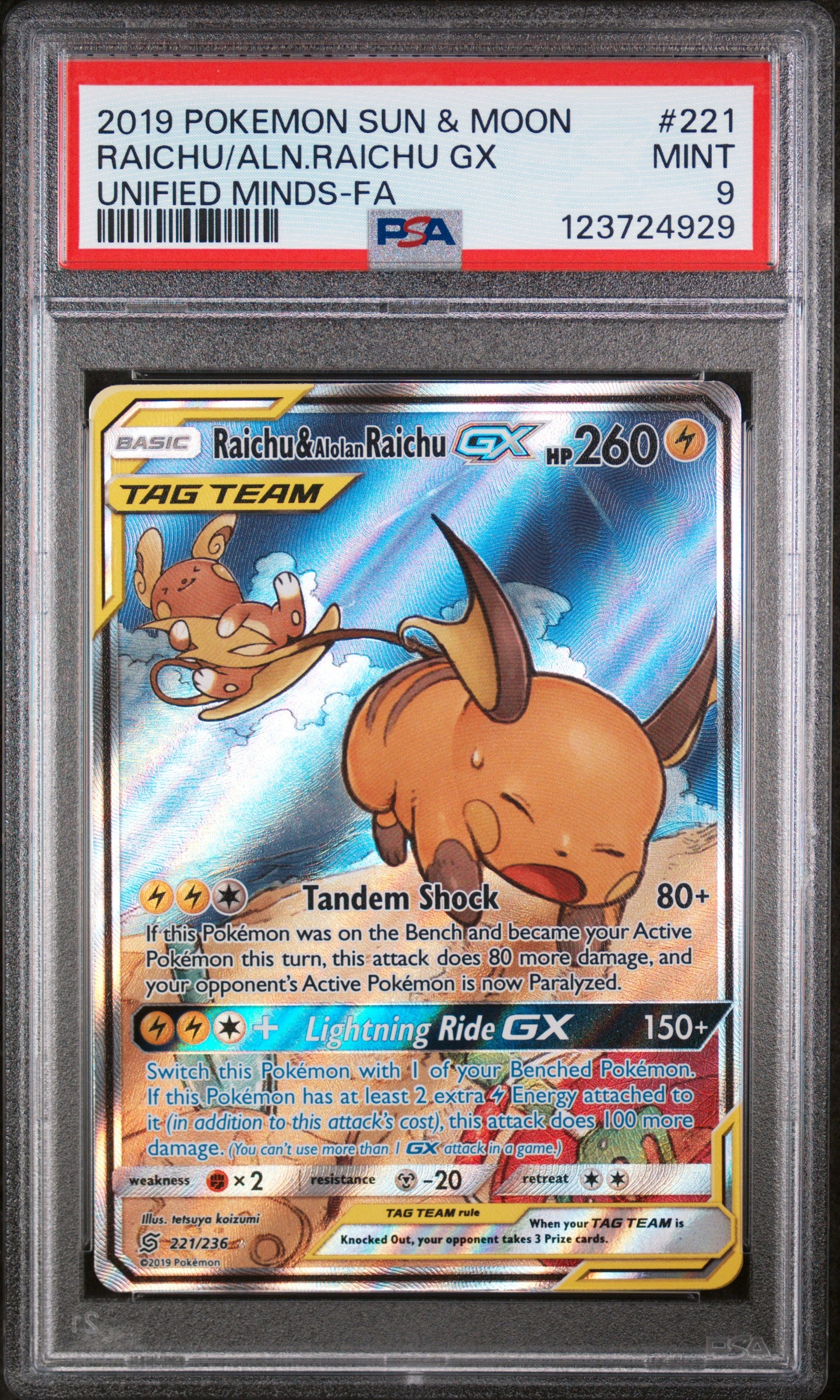 SM Unified Minds 221 PSA9 #123724929 Raichu & Alolan Raichu GX (Alternate Full Art) - Holofoil - Ultra Rare