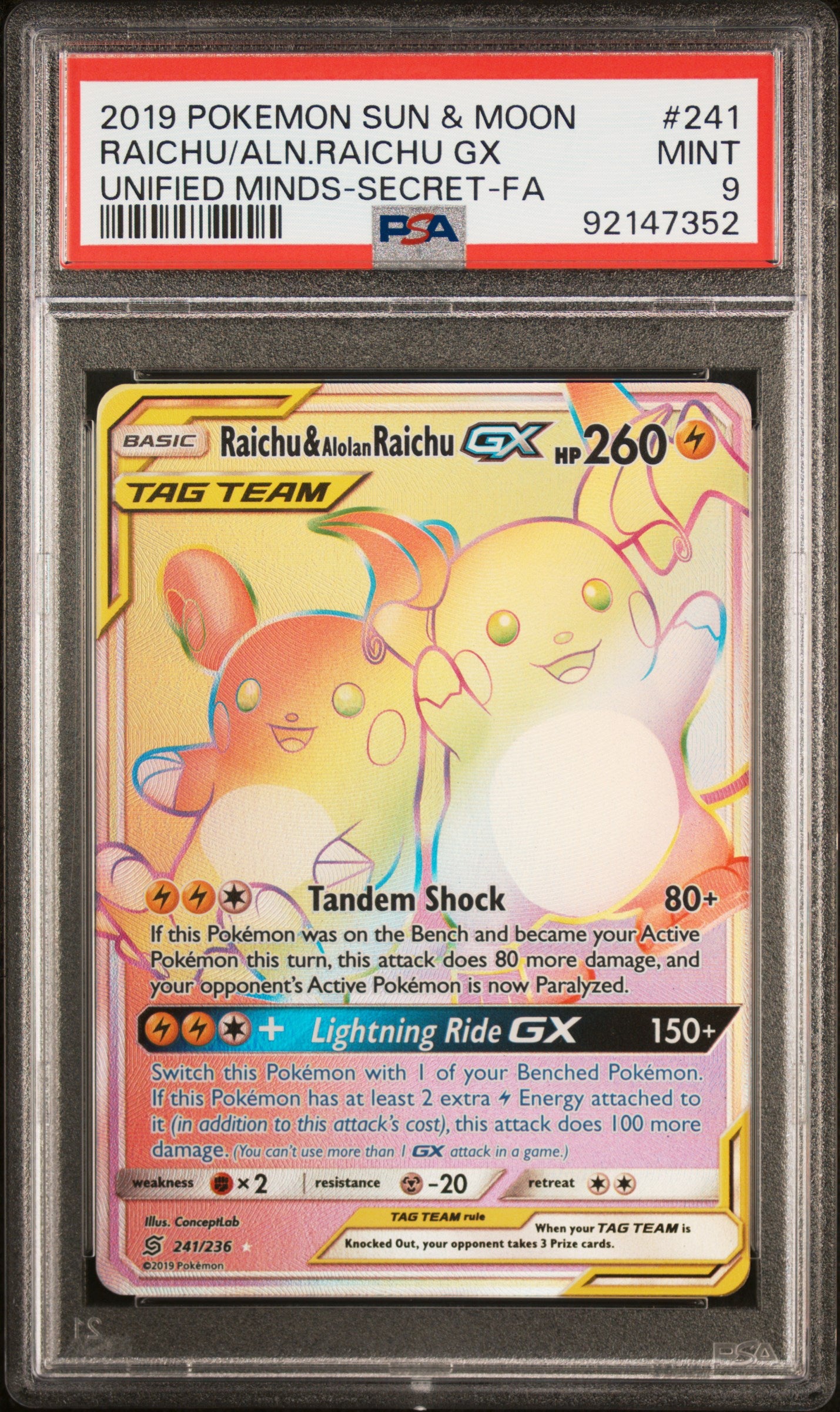 SM Unified Minds 241 PSA9 #92147352 Raichu & Alolan Raichu GX (Secret) - Holofoil - Secret Rare
