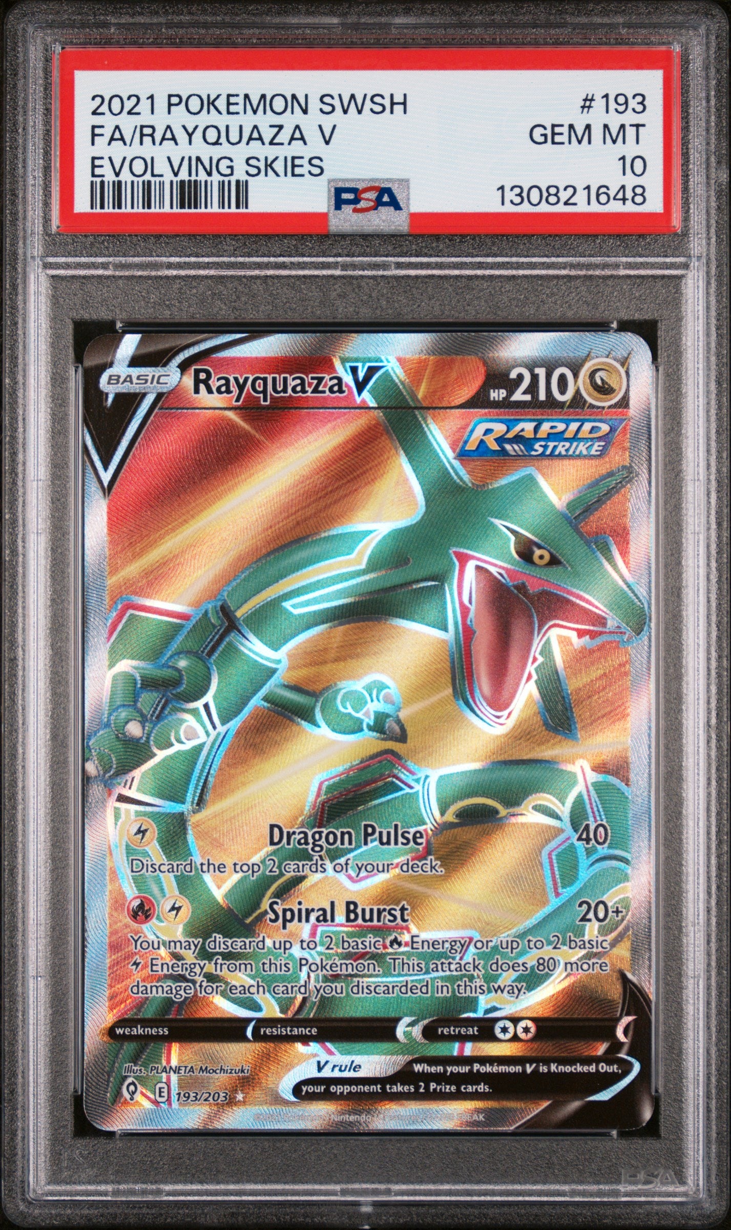 SWSH07 Evolving Skies 193/203 PSA10 #130821648 Rayquaza V (Full Art) - Holofoil - Ultra Rare