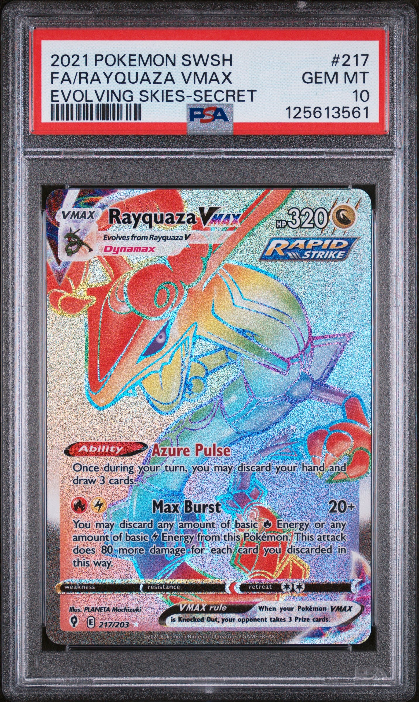 SWSH07 Evolving Skies 217/203 PSA10 #125613561 Rayquaza VMAX (Secret) - Holofoil - Secret Rare
