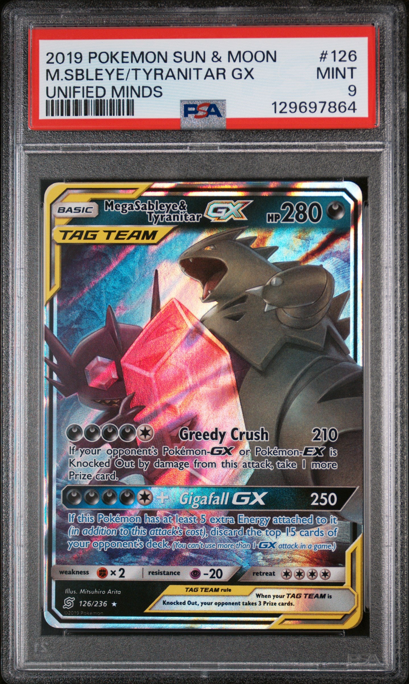 SM Unified Minds 126/236 PSA9 #129697864 Mega Sableye & Tyranitar GX - Holofoil - Ultra Rare