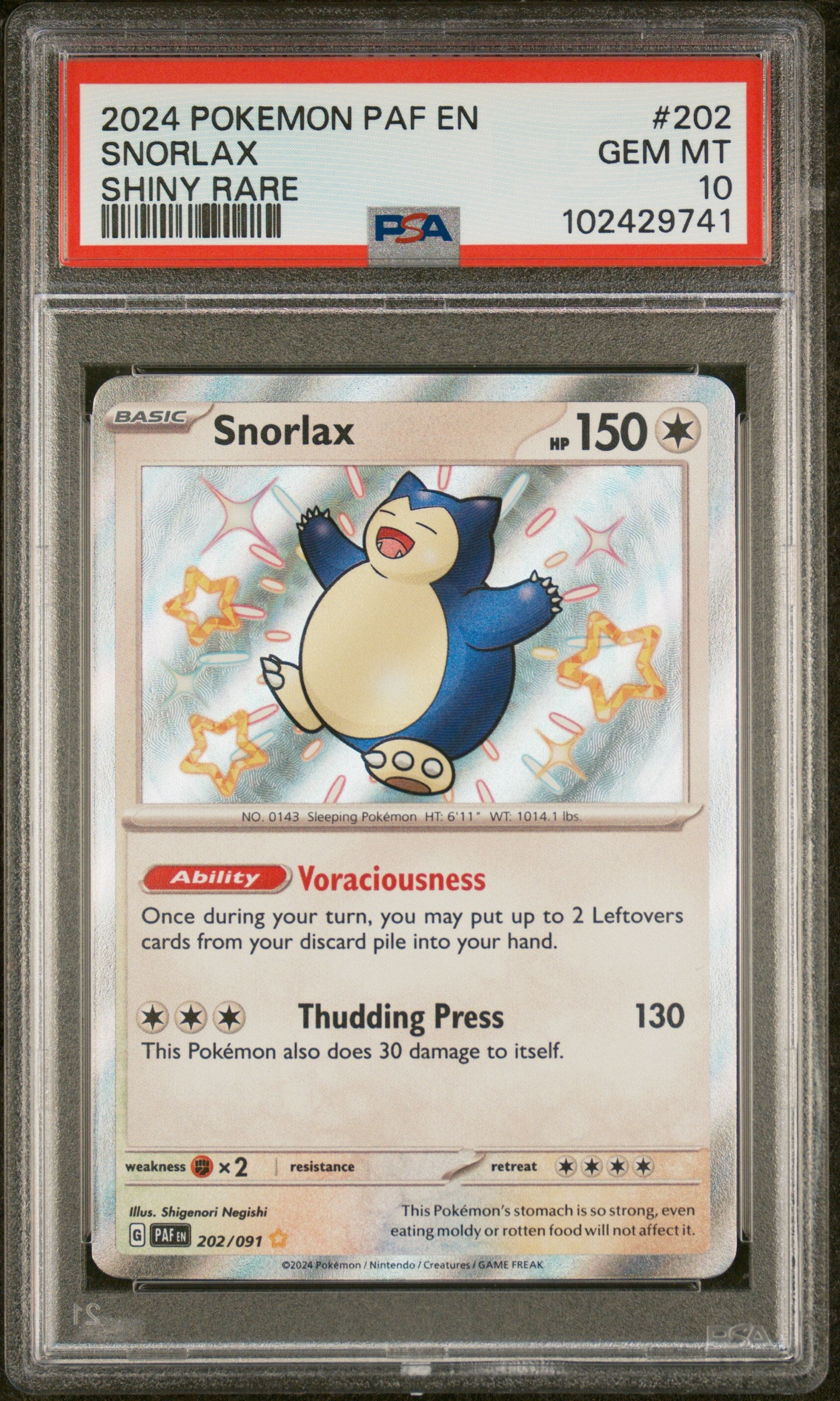 SV Paldean Fates 202/091 PSA10 #102429741 Snorlax - Holofoil - Shiny Rare
