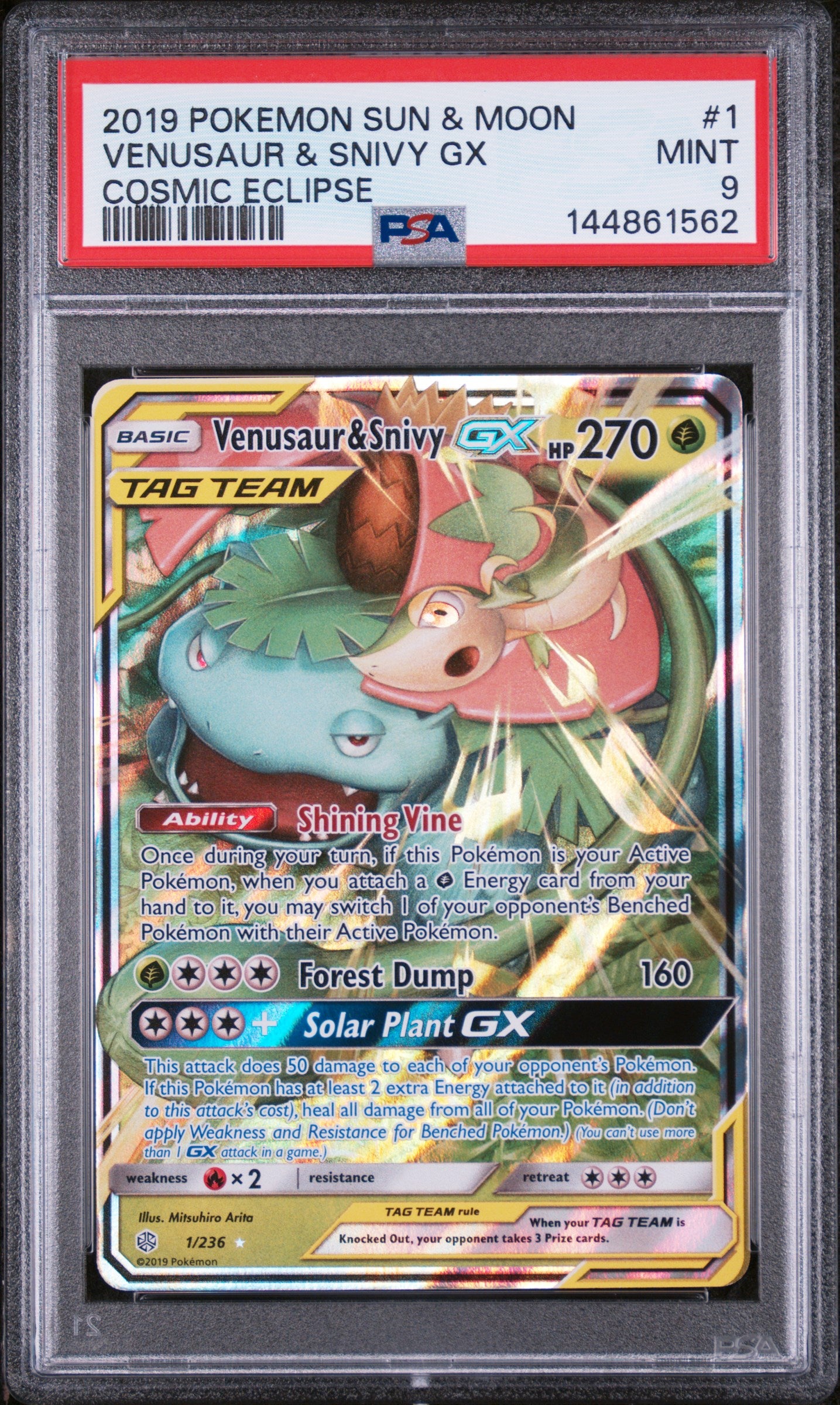 SM Cosmic Eclipse 001/236 PSA9 #144861562 Venusaur & Snivy GX - Holofoil - Ultra Rare