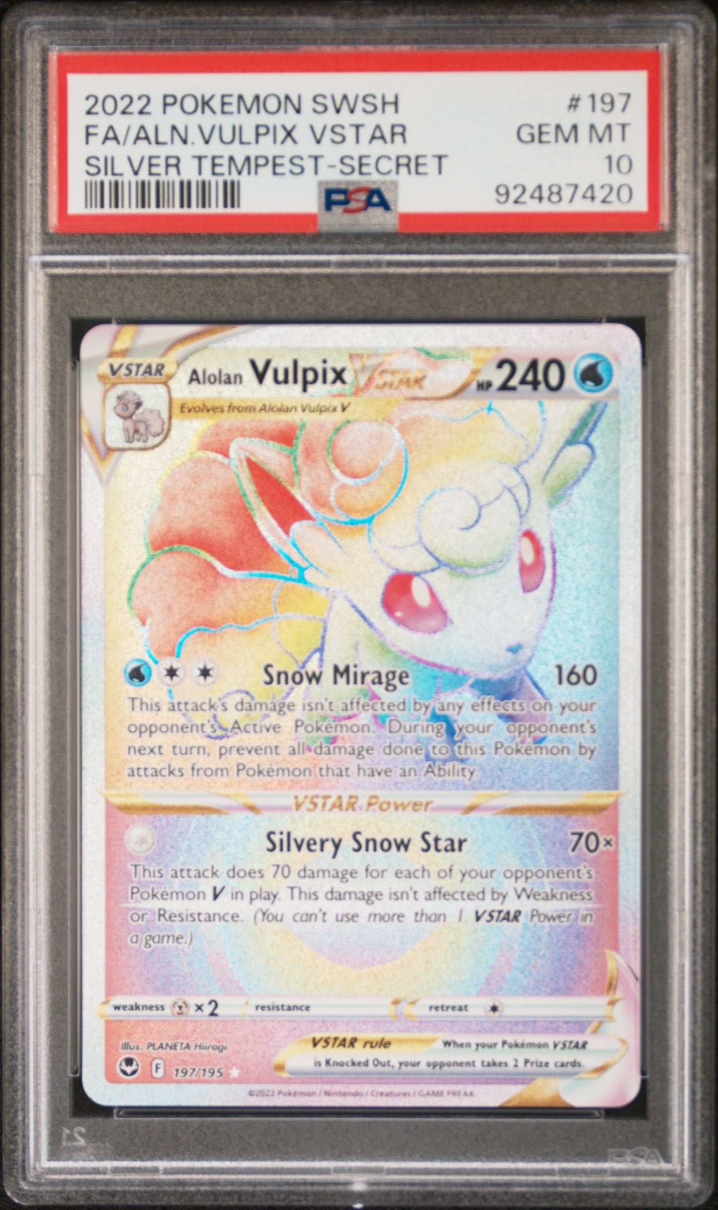 SWSH12 Silver Tempest 197/195 PSA10 #92487420 Alolan Vulpix VSTAR (Secret) - Holofoil - Secret Rare
