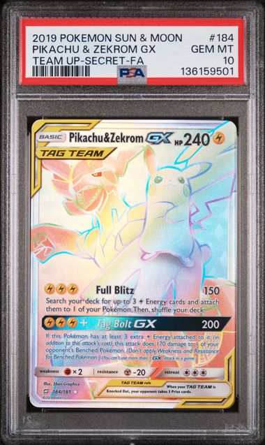 secret rare pokemon cards gx SM Team Up 184 PSA 10 #136159501 Pikachu & Zekrom GX (Secret)
