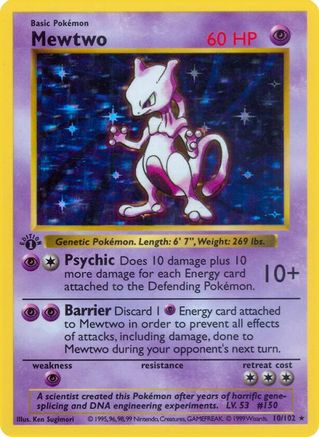 Base Set Shadowless  010/102 Mewtwo  - 1st Edition Holofoil - Holo Rare