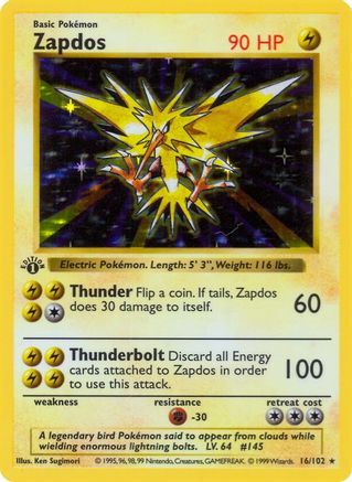 Base Set Shadowless  016 Zapdos  - 1st Edition Holofoil - Holo Rare