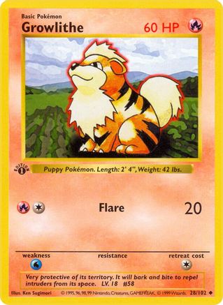Base Set Shadowless  028/102 Growlithe  - 1st Edition - Uncommon