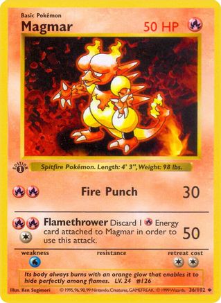 Base Set Shadowless  036/102 Magmar  - 1st Edition - Uncommon