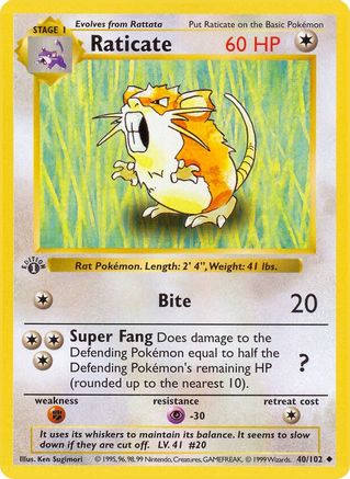 Base Set Shadowless  040/102 Raticate  - 1st Edition - Uncommon