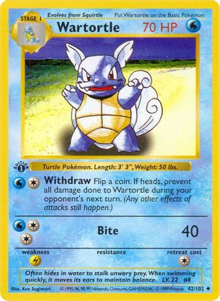 Base Set Shadowless  042/102 Wartortle  - 1st Edition - Uncommon