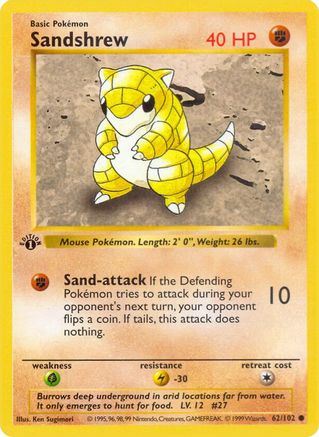 Base Set Shadowless  062/102 Sandshrew  - 1st Edition - Common