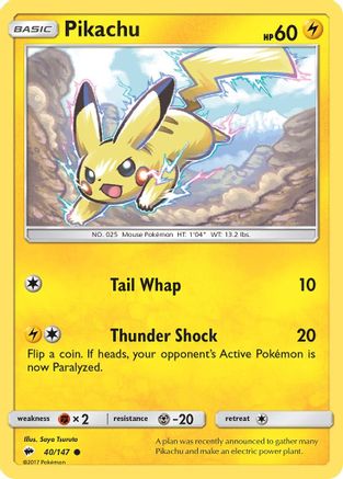SM  Burning Shadows  040/147 Pikachu  - Reverse Holofoil - Common