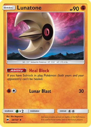 SM  Burning Shadows  068/147 Lunatone  - Reverse Holofoil - Uncommon