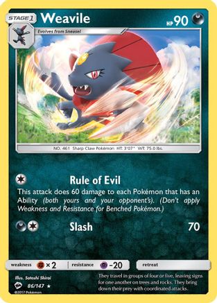 SM  Burning Shadows  086/147 Weavile  - Reverse Holofoil - Rare