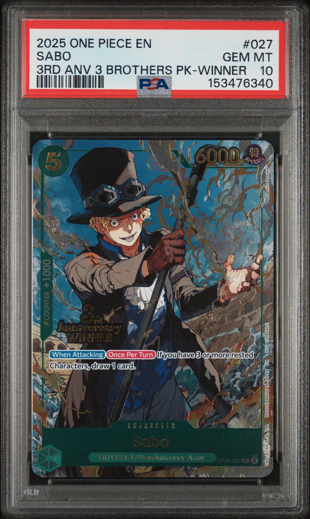 Carrying On His Will 3rd Anniversary Tournament Cards  OP09-027 PSA10 #153476340  Sabo - OP09-027 (3rd Anniversary Tournament 3 Brothers Pack) (OP09-027)  - Uncommon
