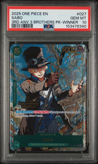 Carrying On His Will 3rd Anniversary Tournament Cards  OP09-027 PSA10 #153476340  Sabo - OP09-027 (3rd Anniversary Tournament 3 Brothers Pack) (OP09-027)  - Uncommon
