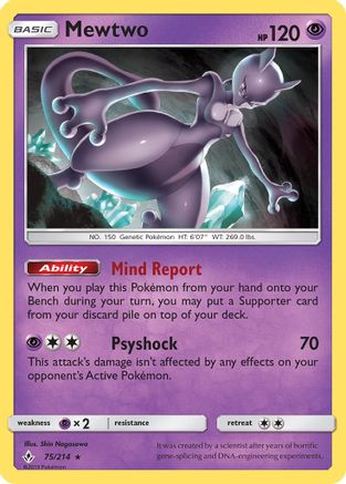 SM  Unbroken Bonds  075/214 Mewtwo  - Reverse Holofoil - Rare