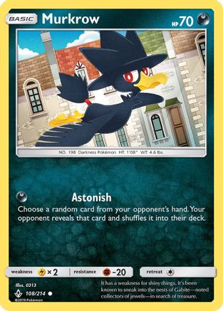SM  Unbroken Bonds  108/214 Murkrow  - Reverse Holofoil - Common