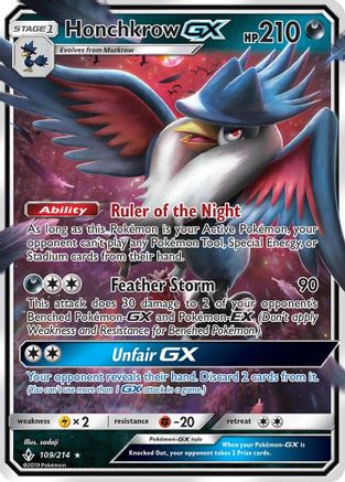 SM  Unbroken Bonds  109/214 Honchkrow GX  - Holofoil - Ultra Rare