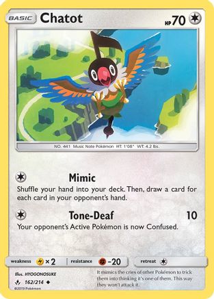 SM  Unbroken Bonds  162 Chatot  - Reverse Holofoil - Uncommon