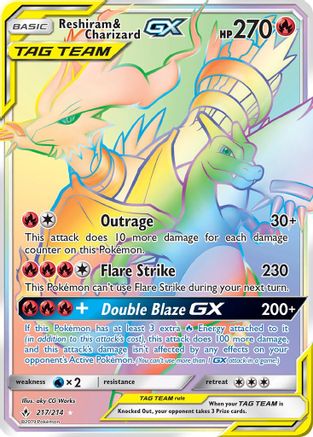 SM  Unbroken Bonds  217 Reshiram & Charizard GX (Secret)  - Holofoil - Secret Rare