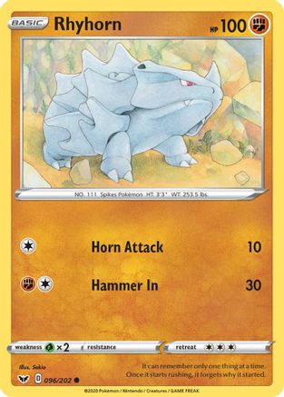 SWSH01 Sword & Shield Base Set  096/202 Rhyhorn (096)  - Common