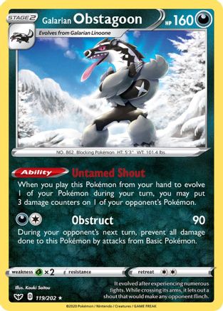 SWSH01 Sword & Shield Base Set  119/202 Galarian Obstagoon  - Reverse Holofoil - Holo Rare