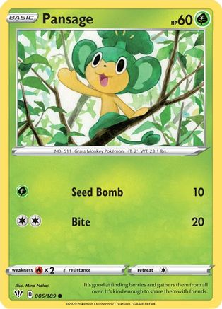 SWSH03 Darkness Ablaze  006/189 Pansage  - Reverse Holofoil - Common